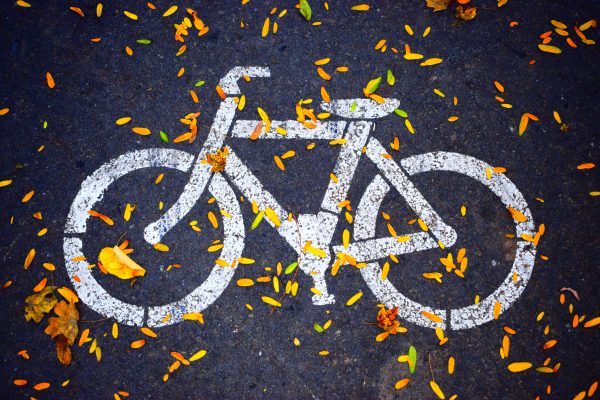 Cykel ritad på asfalt med löv över