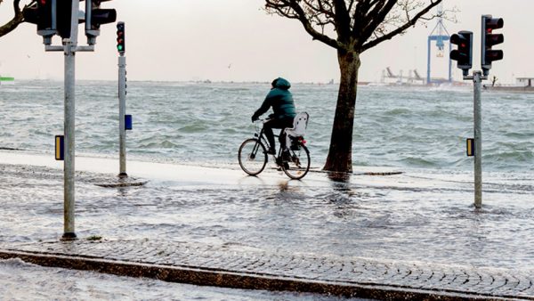 Person cyklar på cykelbana längs med blåsigt hav